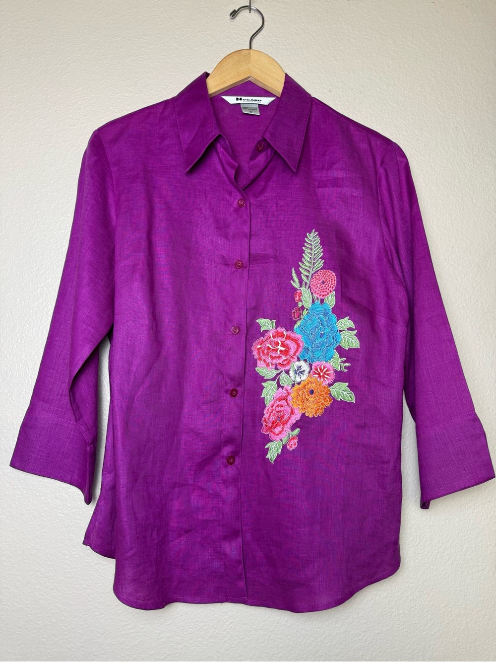 Nygard 100% Linen Embroidered Floral Button-Down Shirt - Purple